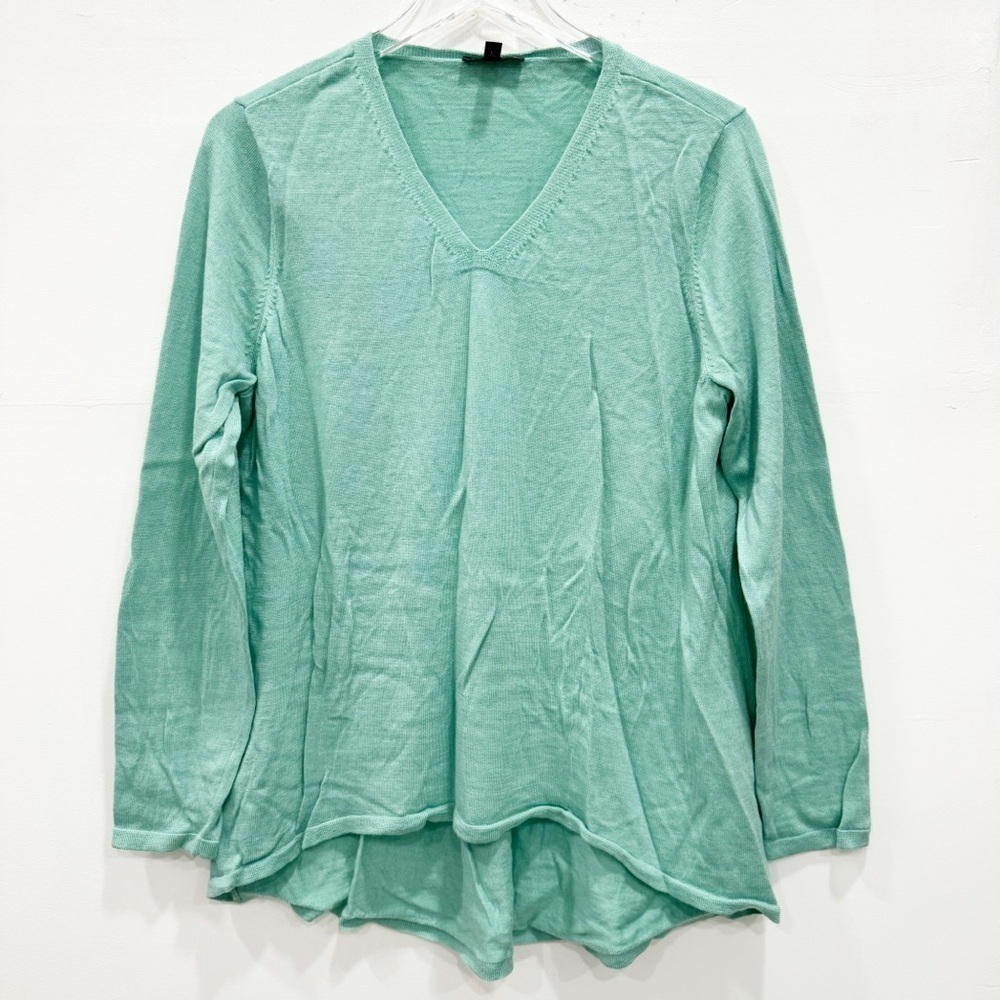 Eileen Fisher Italian Yarn Fine Knit Long Sleeve Tunic Sweater Large Green